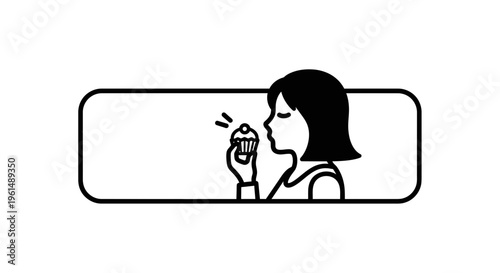 Monochromatic doodle showing a young woman about to enjoy a sweet frosted dessert moment