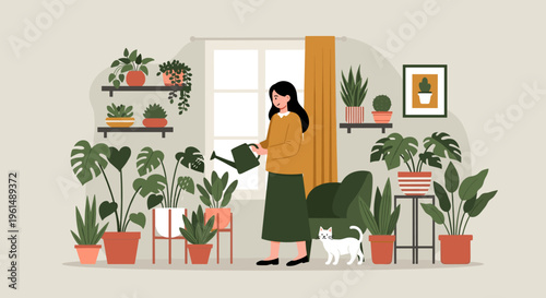 Woman watering plants at home with cat.