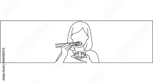 Minimalist continuous line art depicting a woman enjoying a fresh piece of traditional Japanese