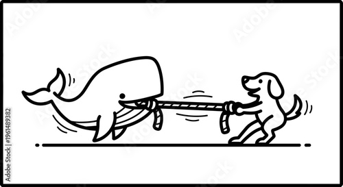 Whale and dog engage in a cheerful black and white tug-of-war challenge illustration