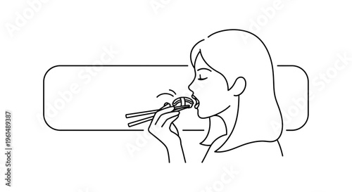 Minimalist line art illustration of a person enjoying a delicious sushi roll with chopsticks