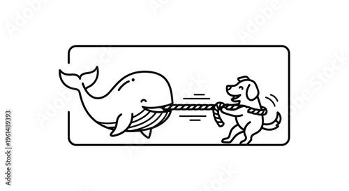 A cheerful line art illustration depicting a small dog engaging in a playful tug-of-war with a