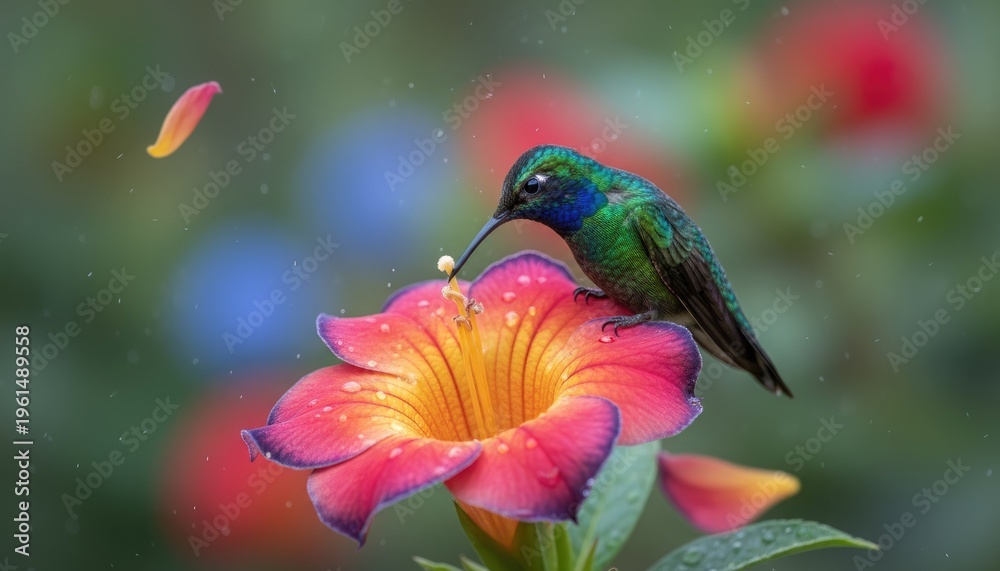 Naklejka premium Iridescent Hummingbird With Emerald Green Feathers Sips Nectar From A Vibrant Orange And Pink Trumpet Flower With Water Droplets In Soft Focus Garden Background