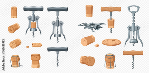 Collection of various corkscrews and wine corks, including natural and synthetic stoppers, for opening bottles.