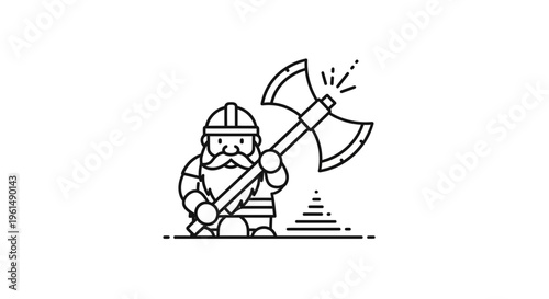 Charming line art illustration of a cheerful dwarf warrior holding a mighty shining double-bladed
