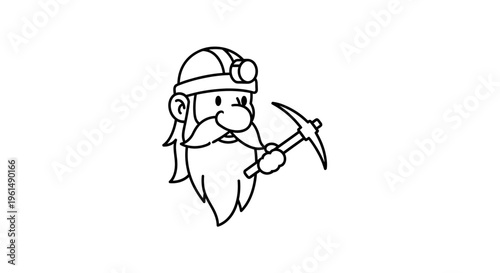 Charming line art illustration of a cheerful bearded miner wearing a helmet and headlamp, holding