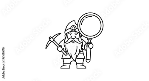 Charming dwarf character illustration with a pickaxe and magnifying glass for discovery