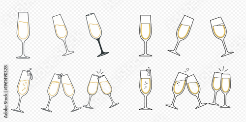 Set of champagne flutes and glasses with sparkling wine, celebrating and toasting.