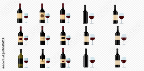 Collection of various red wine bottles and glasses on a transparent background.