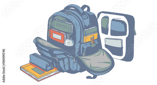 Backpack with school supplies on table.