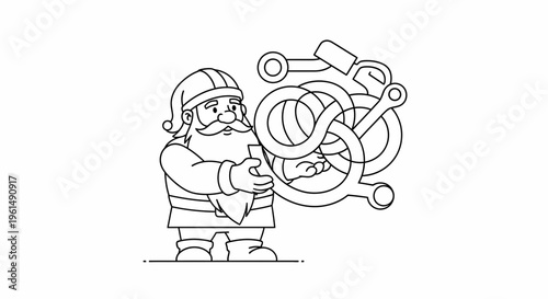 Whimsical dwarf illustration holding an intricate celtic knot design black and white line art