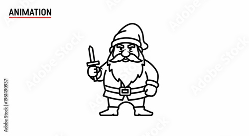 Stern bearded fantasy character in a pointy hat holding a small dagger in monochrome line art