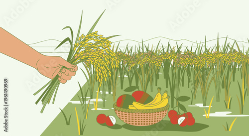 Hand holding wheat over a basket.