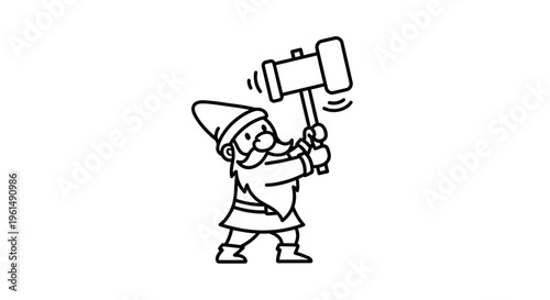 Whimsical fantasy dwarf character wielding a mighty sledgehammer illustration ready to strike