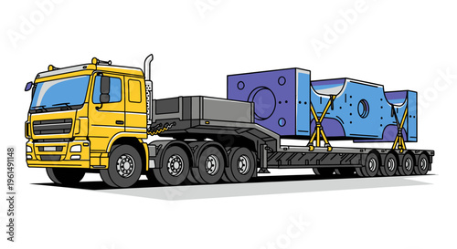 Large Yellow Truck with Flatbed Trailer.