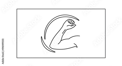 Minimalist line art illustration of a powerful human arm flexing, symbolizing strength, health,