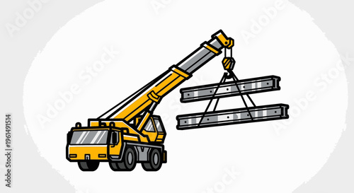 Yellow construction crane lifting metal beams.