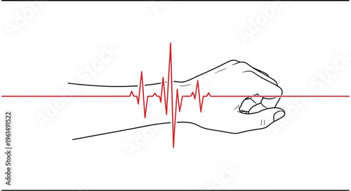 Dynamic red electrocardiogram wave tracing through a simple line art depiction of a human wrist