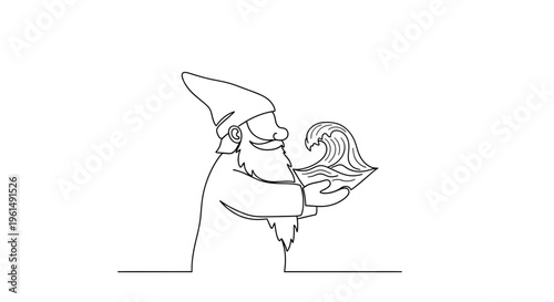 Enchanting bearded character cradling a dynamic ocean wave in minimalist line drawing