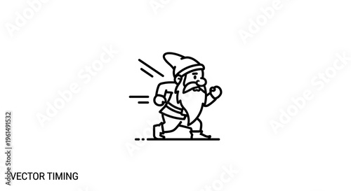 Dynamic line art illustration of a cheerful gnome sprinting forward with visible speed lines