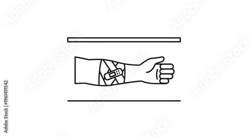 Minimalist line illustration depicting a bandaged human forearm with an adhesive plaster and