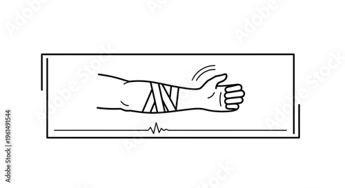 Arm with bandage and thumb up signifying recovery and medical success. Health and wellness concept