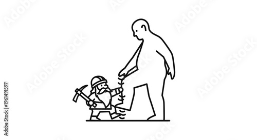 Minimalist illustration depicting a small worker tying the shoelace of a large human figure,