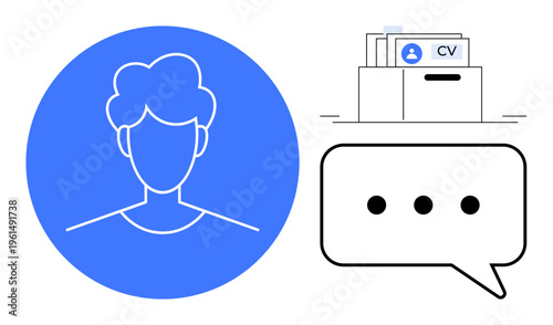 Job recruitment concept. Profile avatar, CV documents, and messaging icons job recruitment, candidate evaluation, and career communication. Ideal for HR, hiring, workforce planning freelancers