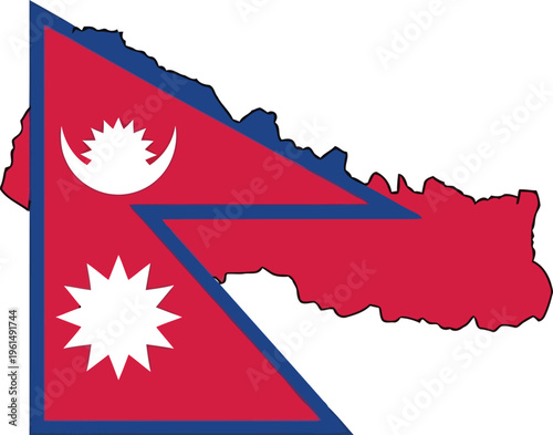 Nepal map silhouette with national flag design isolated on white background for travel concept