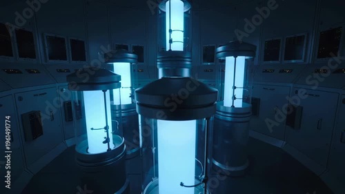 A futuristic laboratory with glowing blue cylinders, creating a sense of mystery and innovation.