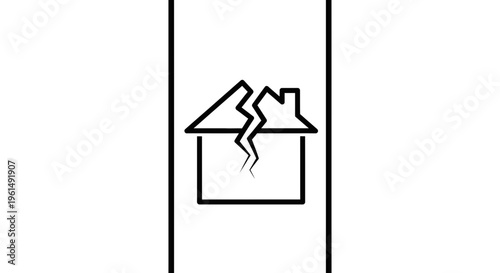 Minimalist illustration of a severely fractured residential structure symbolizing inherent fragility