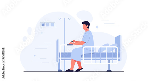 Patient in Hospital Bed Using Remote Control, Medical Care Concept
