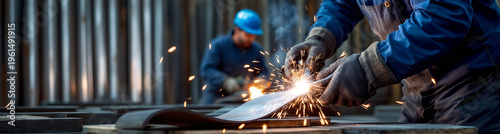 Industrial welder fusing steel plates with bright sparks, protective gear, metalwork shop, fabrication labor, industrial construction.