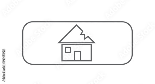Minimalist line icon representing a house with a damaged roof, symbolizing property issues and