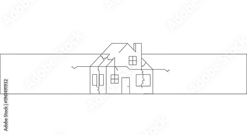 Minimalist line art depicting a residential building with severe structural damage and cracks