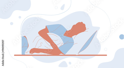 Man sleeping on pillow with laptop on bed, illustration, peaceful rest