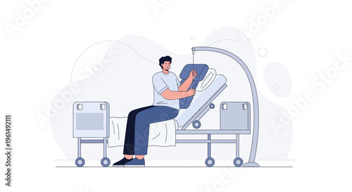 Man sitting in hospital bed, recovering, medical care, patient in room