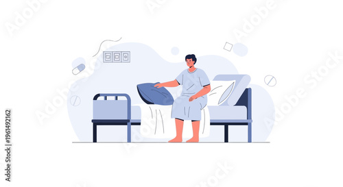 Patient sitting on hospital bed with pillow, medical illustration