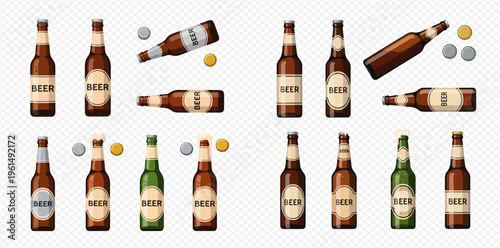 Set of realistic beer bottles with various labels and caps, some standing, some lying down, on a transparent background.