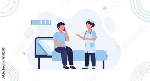 Patient talking on phone with nurse in hospital room, healthcare concept