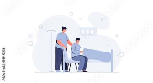 Nurse comforting patient in hospital bed, medical care illustration
