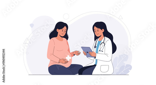 Pregnant Woman Consults Doctor with Tablet, Healthcare and Maternity Care