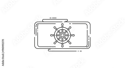 Minimalist line art illustration of a classic ship's wheel within a sleek rectangular frame