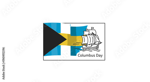 Vibrant Bahamas flag illustration alongside an old sailing ship for Columbus Day commemoration