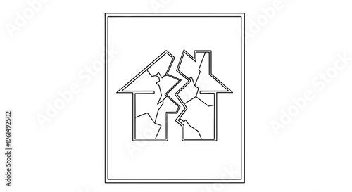 A stark black and white line icon depicting a residential structure severely fractured and split