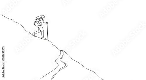 Minimalist continuous line art depicting a solo hiker ascending a winding mountain path carrying a