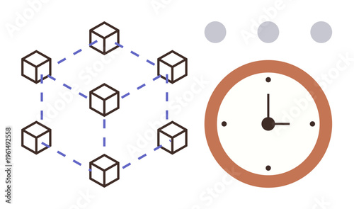 Blockchain technology, time tracking, digital infrastructure, distributed systems, scheduling, workflow optimization. Connected cubes in a network and a circular clock. Blockchain technology and time