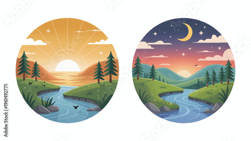 Stylized illustration of a river valley landscape at sunrise and sunset, cartoon style, digital art