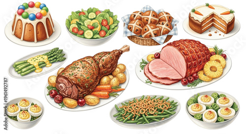 Watercolor Easter Dinner Food Set Ham Lamb Cake Salad Bread Holiday Meal Collection
