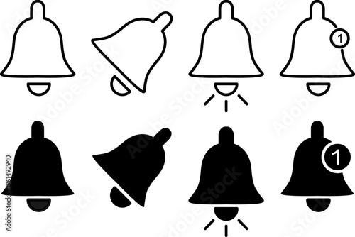 Notification bell icon set with various states, alert and reminder symbols for interface design, collection of ringing and muted notification signs